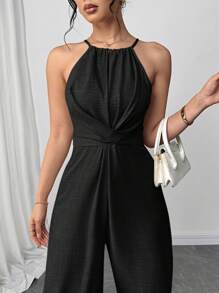 Firerie Women's Solid Color Waist Crisscross Wide Leg Jumpsuit - Black - View 2
