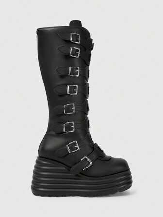 Grunge Punk Damen Punk Schnallen Runde Zehe Dicke Plateau Keil PU Leder Mittelschaft Stiefel, Lässig Schule Punk Stil