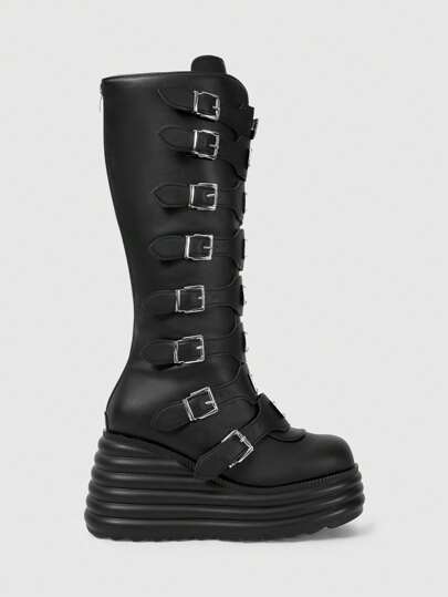 Grunge Punk Damen Punk Schnallen Runde Zehe Dicke Plateau Keil PU Leder Mittelschaft Stiefel, Lässig Schule Punk Stil