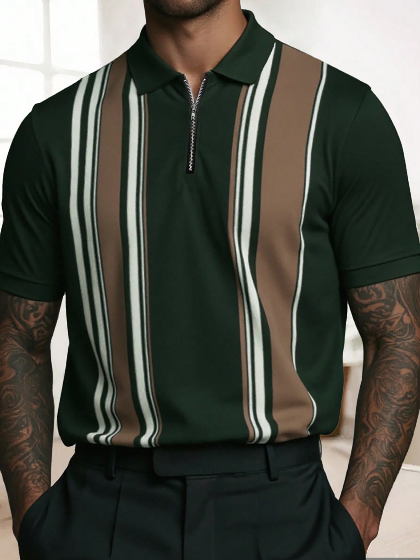 Striped zip-up polo shirt