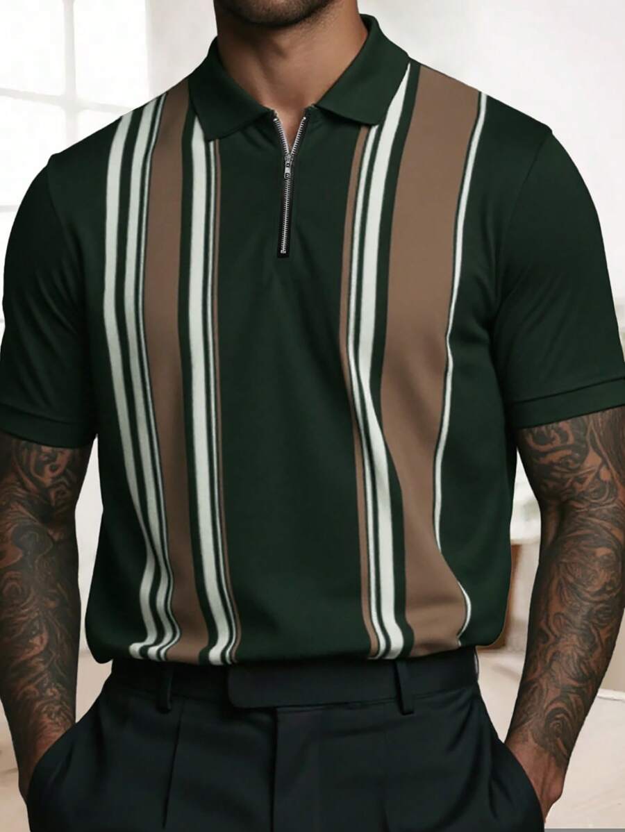Manfinity Dauomo Men's Fashion Business Vertical Striped Contrast Color Zip-Up Polo Shirt - Multicolor - View 1