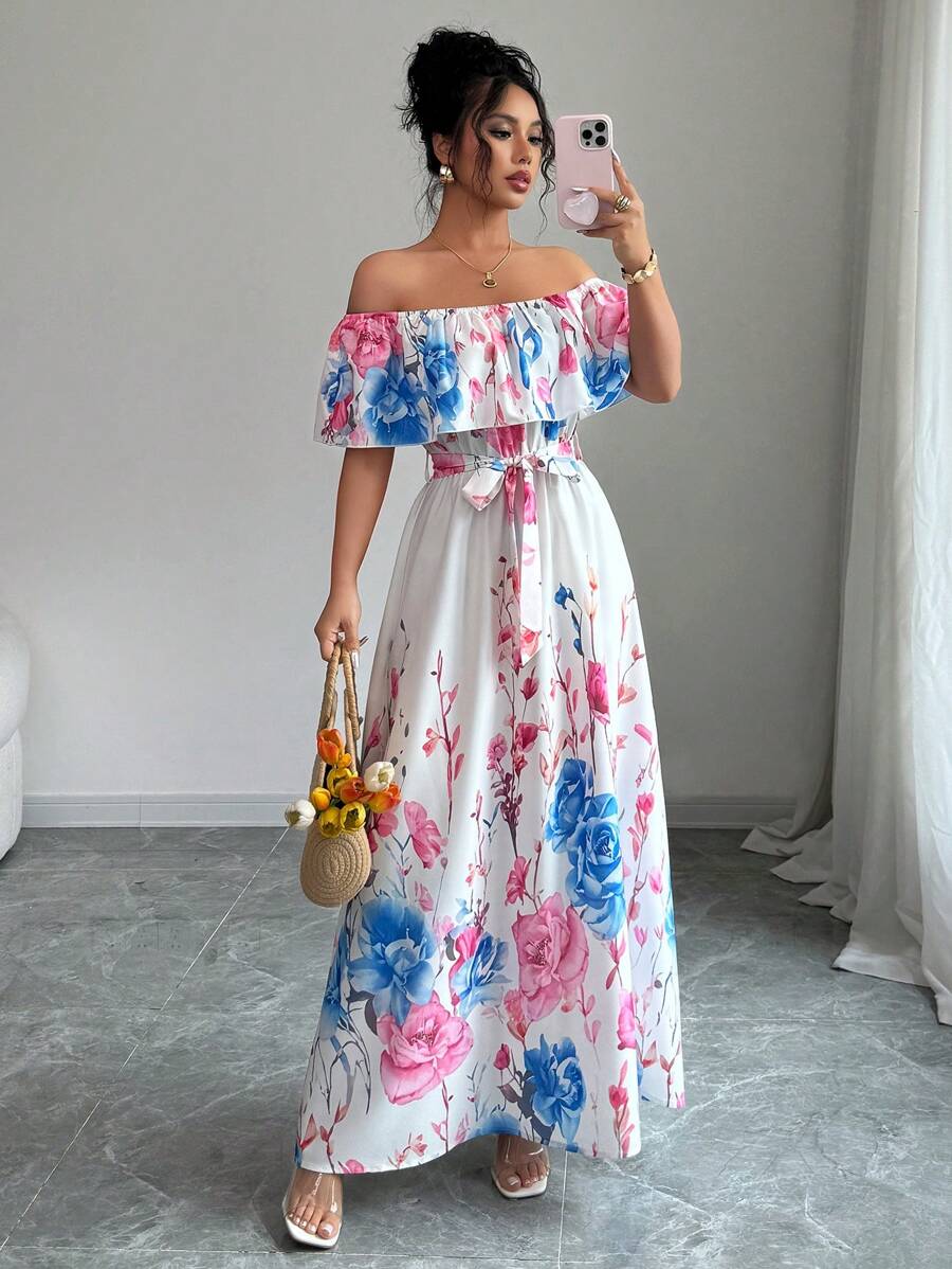 Elenzga Vestido de moda para vacaciones con hombros descubiertos, estampado floral y dobladillo con volantes para mujeres - Rosa - Ver 1