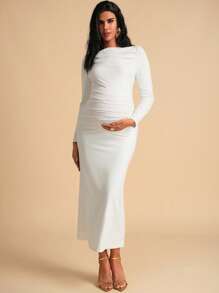 MaterniChic 孕妇长款优雅纯色紧身连衣裙 - 白色 - 查看 8