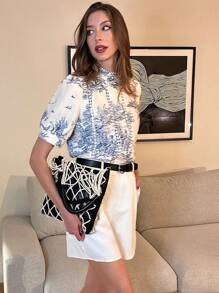 Pariaura Áo sơ mi nữ phong cách Bohemian mùa hè, họa tiết hoa ren xanh nhạt, tay lửng, thường ngày, phong cách tươi mới - Nhiều màu - Xem 4