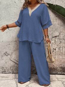 EMERY ROSE Sommer Damen Einfarbiges Guipure-Spitzen-Netzärmel-Oberteil und Hose Zweiteiliges Set