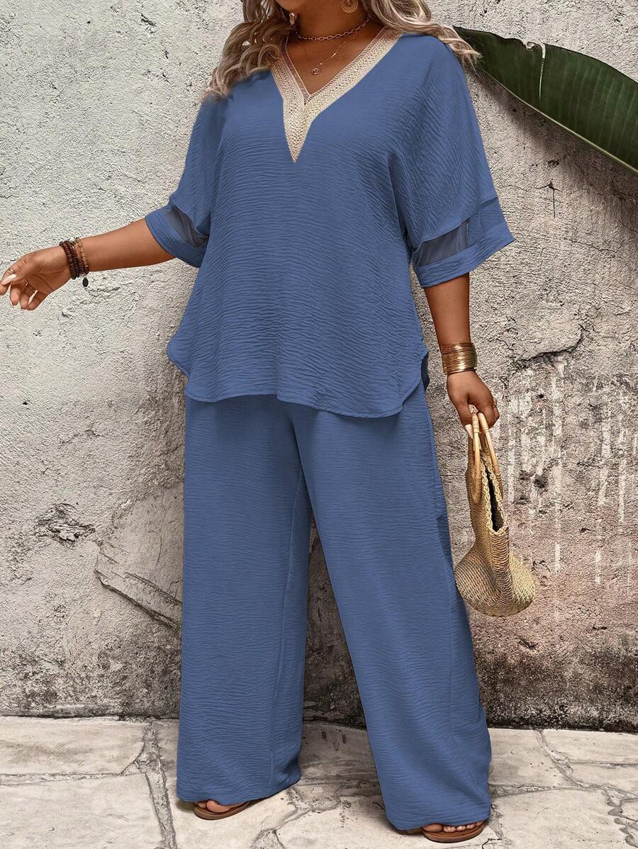 EMERY ROSE Sommer Damen Einfarbiges Guipure-Spitzen-Netzärmel-Oberteil und Hose Zweiteiliges Set