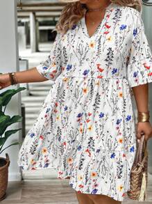 EMERY ROSE Plus Size Women's Summer Branch Floral V-Neck Dolman Dress With Ruffle Hem, Loose Fit - White - View 4