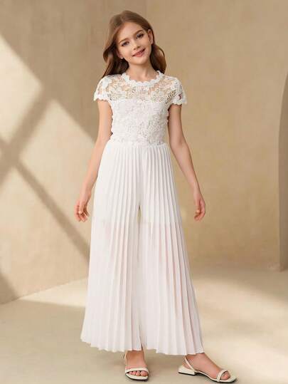 SHEIN Tween Girl Elegant Floral Lace Collar Hollow Embroidery Splice Chiffon Fabric White Long Pleated Jumpsuit Wedding Flower Girl Formal Outfit