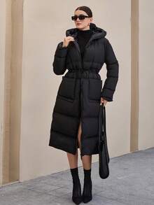 EURMUSE Casual Style, Keep Warm Feature Waterproof Long Line Patch Pocket Detailed Maxi Oversized Padded Coat Long Puffer Coat Women Long Hooded Coat Long Winter Coat Women Womens Long Coat Long Winter Jacket Women Womens Winter Coats - Black - View 4