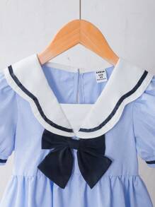 SHEIN Elladie kids Vestido de Princesa com Gola Marinha e Mangas Bufantes para Meninas Jovens, Detalhe Fofo de Laço, Cor Azul Claro, Vestido Casual Escolar/Formal para Uso Diário e Passeio - Azul - Visão 7