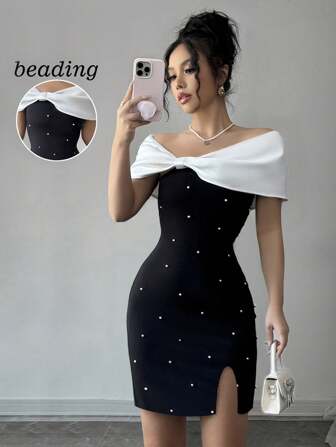 Rafferiza Fashionable Open Shoulder Contrast Color Block Pearl Decor Bodycon Midi Dress, Elegant Knit Summer Dress For Women, Black