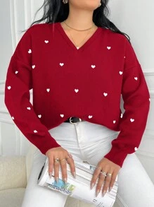 EURMUSE 大码女式休闲优雅心形图案 V 领落肩毛衣，秋冬 - 紅色 - 查看 6