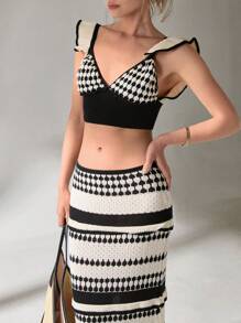 SHEIN Cottnline Women Top And Skirt Openwork Sweater Cover Up Set - Black and White - View 6