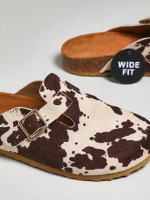 SHUZIA 女式宽版牛纹圆头软木鞋床拖鞋，带可调节扣