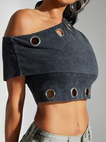 Denimoi Asymmetrical Neck Eyelet Hardware Crop Top - Black - View 3