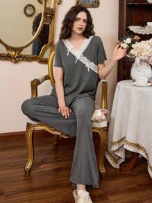 Côtesoire Romantic Soft Bowknot Asymmetric Lace Trim V-Neck Milk Silk Ladies Sleepwear Short Sleeve Pants Set - Dark Grey - View 6