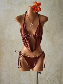 SHEIN ICON Women Boho Beaded Neckline Swimwear Set + Bikini Bottom, Suitable For Vacation And Music Festivals 4th Of July Women Outfits Back To School - Brown - View 3
