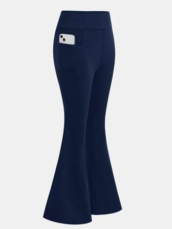 SHEIN Girlism Teen Girls High Waist Tight Elastic Sports Yoga Casual Versatile Pocket Flare Pants, Navy Blue