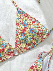 SHEIN Swim 女士碎花吊带前系性感比基尼套装，夏季沙滩泳衣 - 彩色 - 查看 5