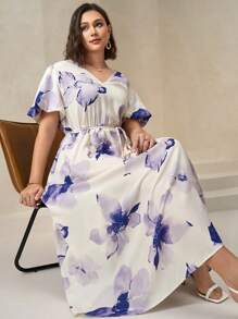 Chikora Plus Size Women's V-Neck White Summer Elegant Flowy Puff Sleeve Dress,Tea Party Cocktail Fairycore Modest Formal Gowns Evening Concert Outfits - Multicolor - View 7