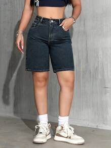 SHEIN PETITE Women's Casual Versatile Bermuda Denim Shorts With Pockets Y2k - Blue - View 4