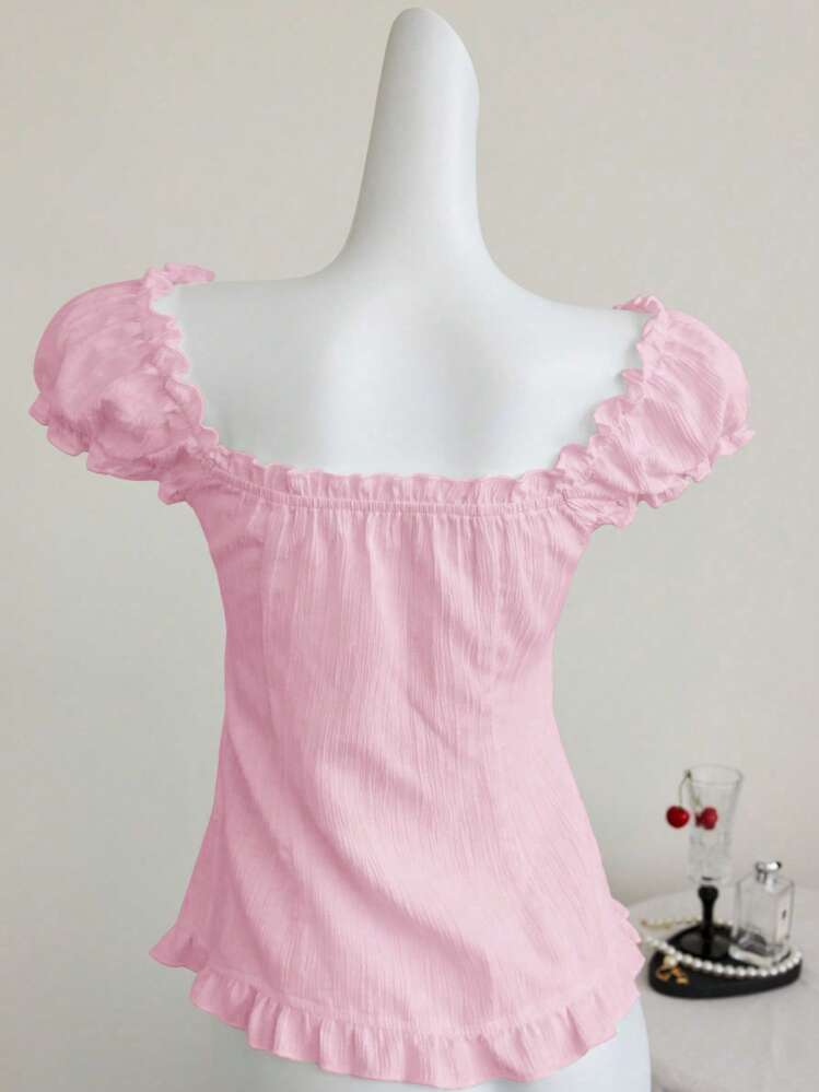 Elamini White Sexy Off Shoulder Puff Sleeve Frill Trim Cinched Waist Slim Fit Spring/Summer Vacation Blouse - Pink - View 2