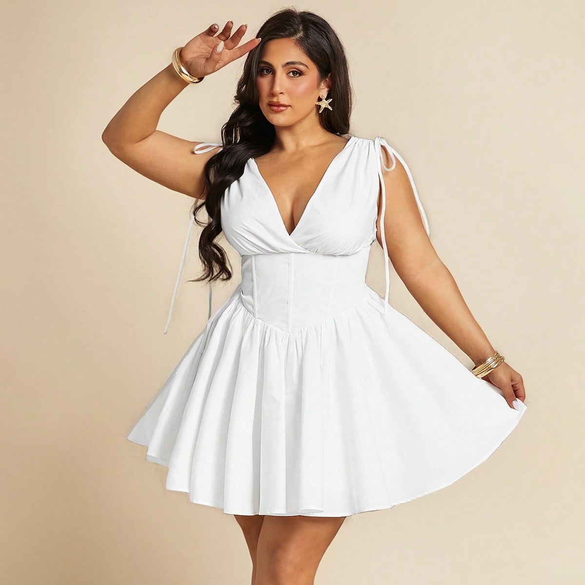 Plus Size Women V-Neck Drawstring Shoulder Puffy Party Vacation Dress, White Wedding, Birthday Dress Summer Elegant
