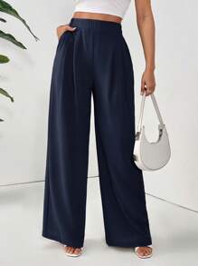 SHEIN Frenchy Women's Basic Solid Color Pleated Pocket Casual Loose Pants,Cargo Pants Winter Blue Spring - Navy Blue - View 6