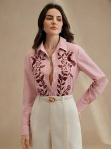 Anewsta Áo sơ mi dài tay họa tiết sọc thêu hoa thời trang đi làm thanh lịch cho nữ, lễ hội xuân hè tốt nghiệp - Màu Hồng Tươi - Xem 5