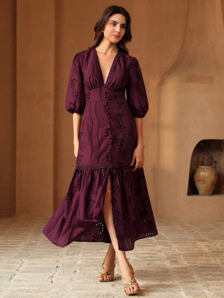 Women's Summer V-Neck Slit Lace Elegant Floor-Length Dress, Suitable For Valentine's Day Outfit