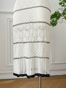 GalTyme 大码女式条纹镂空设计修身针织吊带裙 - 黑與白 - 查看 5