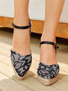 Styleloop Giày sandal đế dày dệt đế xuồng cho nữ, phong cách Bohemian cho kỳ nghỉ - Màu xám đen - Xem 4