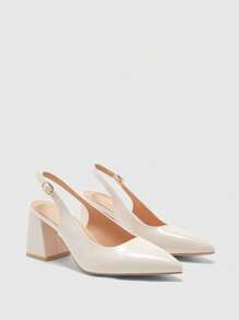 CUCCOO BIZCHIC 女士时尚米色露背尖头粗跟鞋，经典简约设计，适合通勤、约会、派对、度假、婚礼 - 米色 - 查看 9