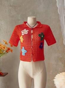 Swim Vcay Kimono Wanita Warna Polos dengan Motif Bunga Rajutan dan Lubang-lubang, Cocok untuk Liburan Musim Panas di Pantai - Jeruk - View 5