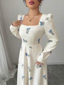Modelyn 女士梭织印花撞色面料拼接长款修身连衣裙 - 藍色 - 查看 3