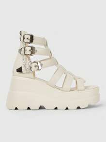 ROMWE Grunge Punk Fashionable Women's Shoes, Metal Buckle Design Open Toe, Thick Sole Flat Heel 7.5cm, Retro Style PU Leather Black Sandals, Suitable For Summer Shopping, Dating, Etc. - Beige - View 2