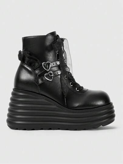 Grunge Punk Women's Thick Sole Heart-Shaped Buckle Design Fashion Ankle Boots And Short Boots