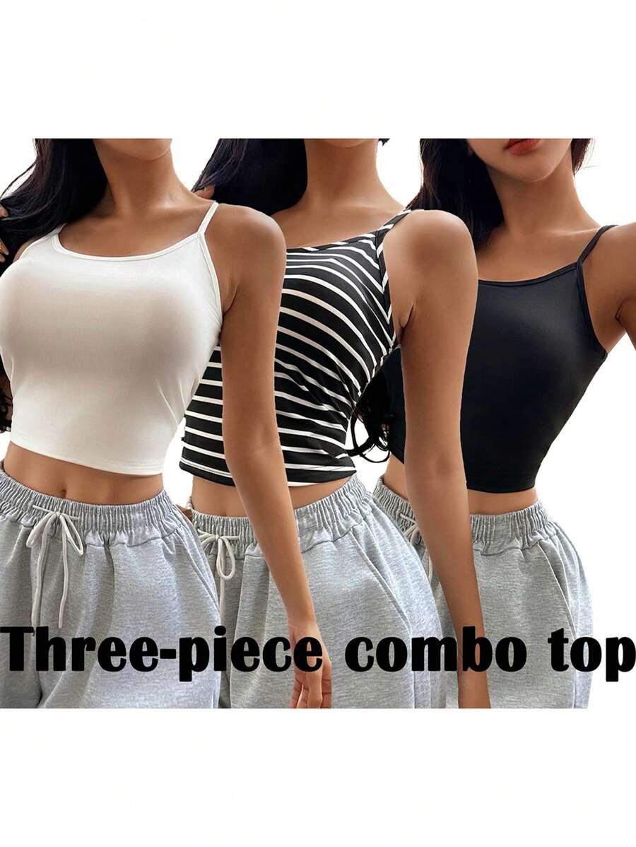 SHEIN Set de 3 piezas de pijama de mujer con tirantes finos y sexy, apto para todas las estaciones