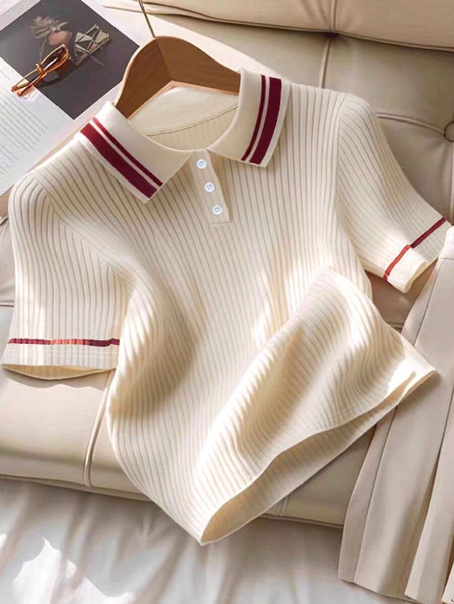 GlowEve Summer Casual Colorblock Short Sleeve Knit T-Shirt - Apricot - View 1