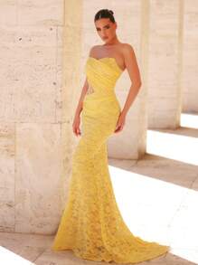 Glamrae Robe de soirée sirène plissée transparente avec manches asymétriques en dentelle et paillettes jaunes élégantes pour femmes - Jaune citron - Voir 5