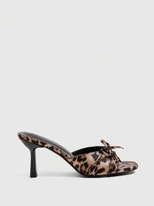 CUCCOO SZL Leopard Print Satin Square Toe Mule Sandals With Bow Decor, Fashion High Heels