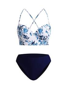 Swim Oasis V-Neck Blue Floral Print Halter Backless Bikiniseta With Kimonos, High-End Summer Beach Outfit For Women - Multicolor - View 9