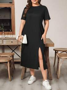 SHEIN Essnce Plus Size Women's Spring And Summer Fashion Casual Loose Comfortable Daily Basic Black Short-Sleeved Slit Mid-Length Dress,Summer Outfits For Women,Church Clothes Women,Old Money Style Women,Modest Dresses For Women