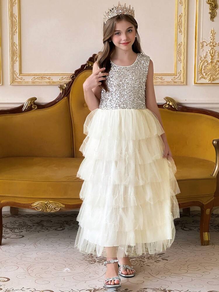 Girls' Round Neck Sleeveless Mesh Dress, Tween Girl Fall Clothes