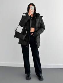 SHEIN Tall Tall Size Zip Up Drawstring Hooded Padded Coat, For Winter Streetwear - Black - View 6