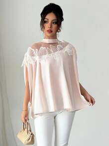 Elenzga Damen elegantes Mesh Patchwork Applikation Dekor Fledermausärmel Bluse - Aprikosenfarben - Übersicht 5