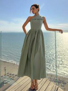 Aloruh Women's Elegant One Shoulder Designer Fitted Waist Solid Color Maxi Dress, Olive Green Island Vacation Outfits Women Summer Dress Women Vacation Dress - Green - View 4