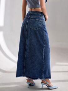 SHEIN Cottnline Jupe en jean mini asymétrique délavée et effilochée pour femmes, style casual - Jean brut - Voir 3
