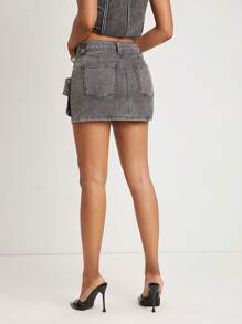 SHEIN Unity 裙子双口袋牛仔夏季迷你俱乐部裙子西部音乐会音乐节优雅假期春假早午餐街头装工装弹力牛仔口袋女装 - 灰色 - 查看 2