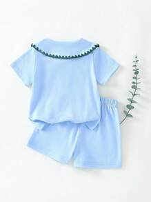 SHEIN Baby Girls' Floral Embroidered Collar Blouse & Shorts Set, Spring/Summer - Baby Blue - View 2